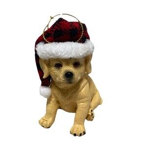 Kurt Adler Golden Lab Puppy in Buffalo Plaid Hat Resin Christmas Ornament NWT